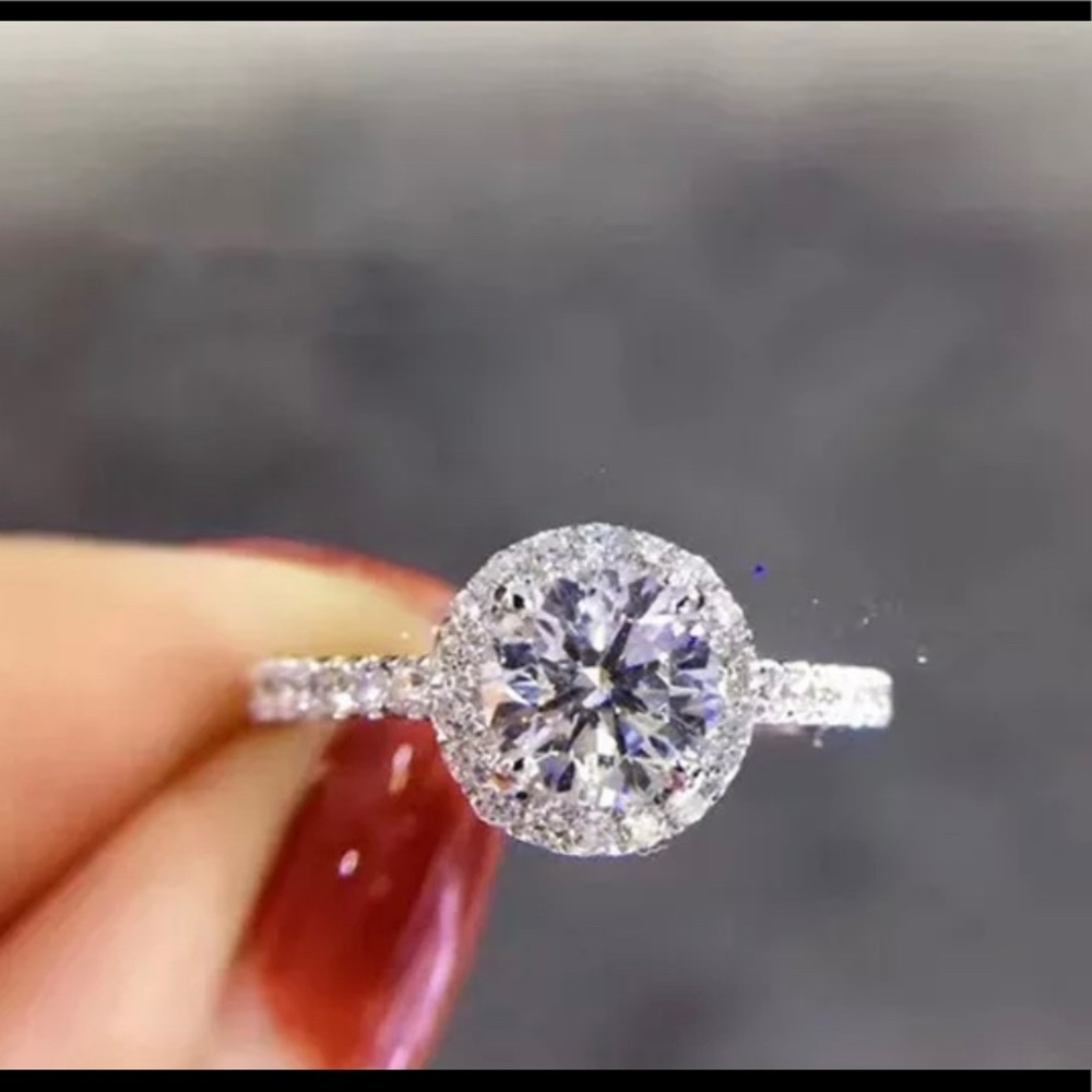 Silver CZ Round Stone Wedding Engagement Ring - Picture 2 of 8